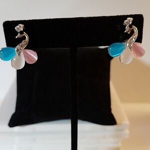 Peacock Silver Tone Earrings 1/2"